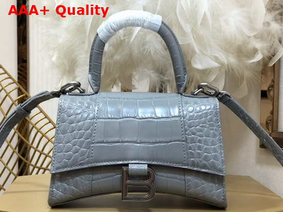 Balenciaga Hourglass XS Top Handbag in Grey Shiny Crocodile Embossed Calfskin Aged Silver Hardware Replica