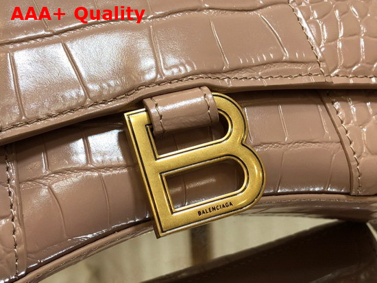 Balenciaga Hourglass XS Top Handbag in Nude Shiny Crocodile Embossed Calfskin Aged Gold B Hardware Replica