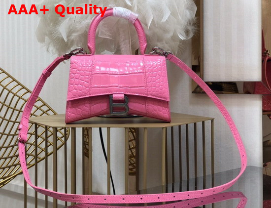 Balenciaga Hourglass XS Top Handbag in Pink Shiny Crocodile Embossed Calfskin Aged Silver Hardware Replica