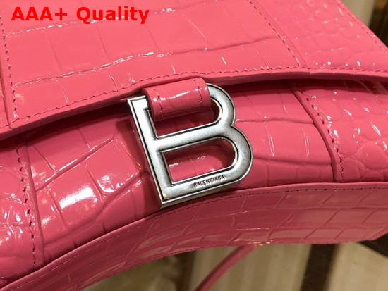 Balenciaga Hourglass XS Top Handbag in Pink Shiny Crocodile Embossed Calfskin Aged Silver Hardware Replica