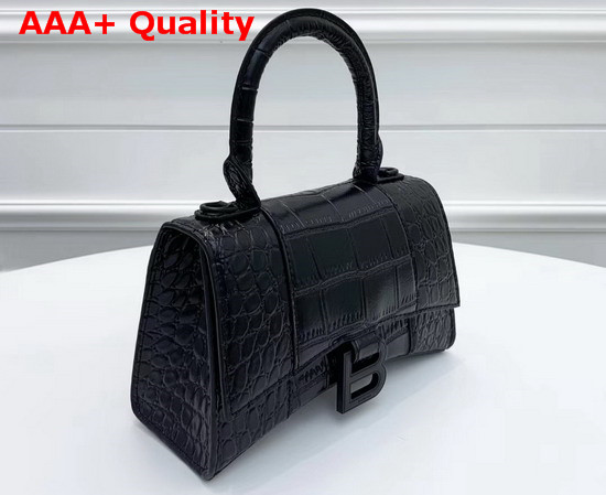 Balenciaga Hourglass XS Top Handle Bag in Black Crocodile Embossed Shiny Calfskin Replica