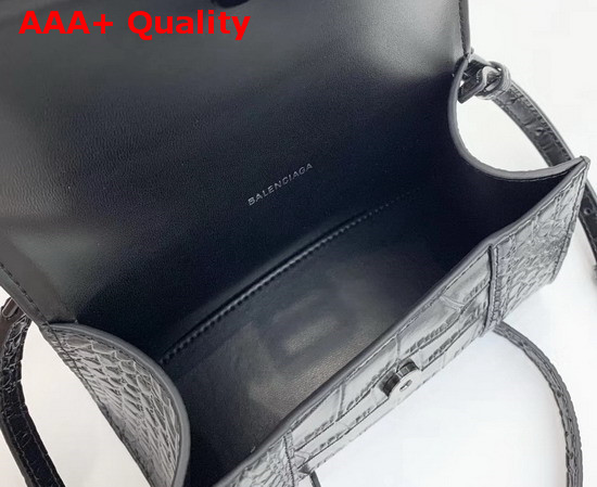 Balenciaga Hourglass XS Top Handle Bag in Black Crocodile Embossed Shiny Calfskin Replica