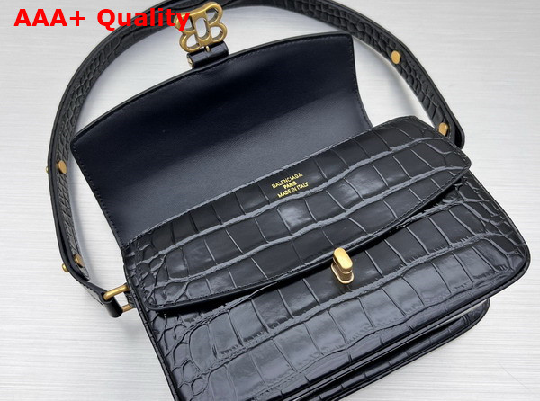 Balenciaga Lady Small Flap Bag in Black Shiny Super Supple Crocodile Embossed Calfskin with Aged Gold Hardware Replica