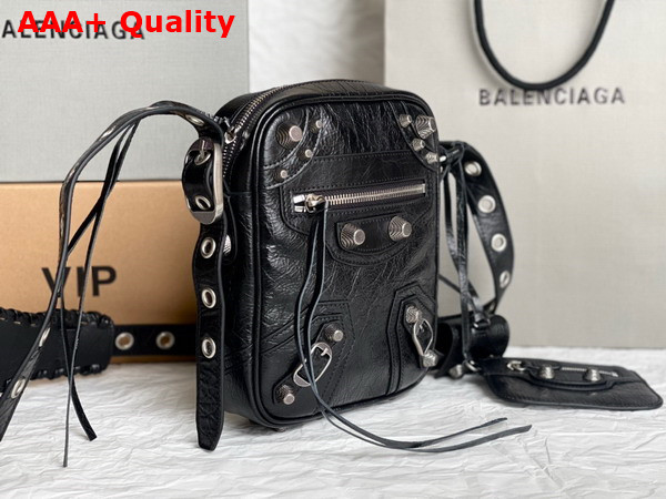 Balenciaga Le Cagole Men Crossbody Bag in Black Arena Lambskin Aaged Silver Hardware Replica