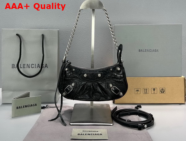 Balenciaga Le Cagole Mini Purse with Chain in Black Arena Lambskin Aged Silver Hardware Replica