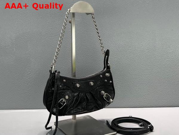 Balenciaga Le Cagole Mini Purse with Chain in Black Arena Lambskin Aged Silver Hardware Replica