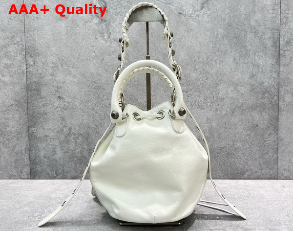 Balenciaga Le Cagole Small Bucket Bag in White Arena Lambskin Aged Silver Hardware Replica