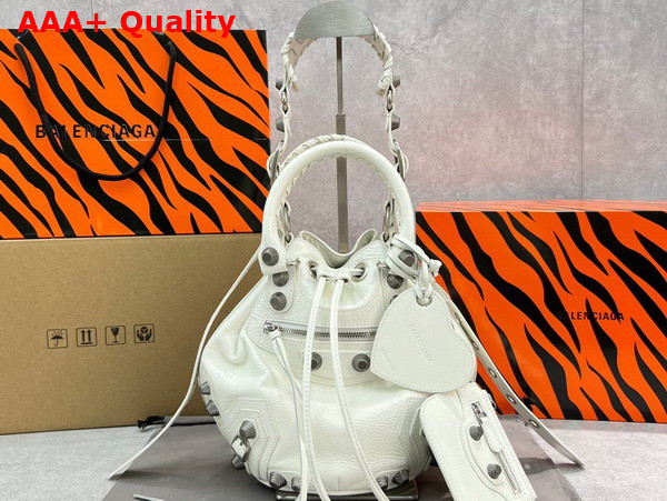 Balenciaga Le Cagole Small Bucket Bag in White Arena Lambskin Aged Silver Hardware Replica