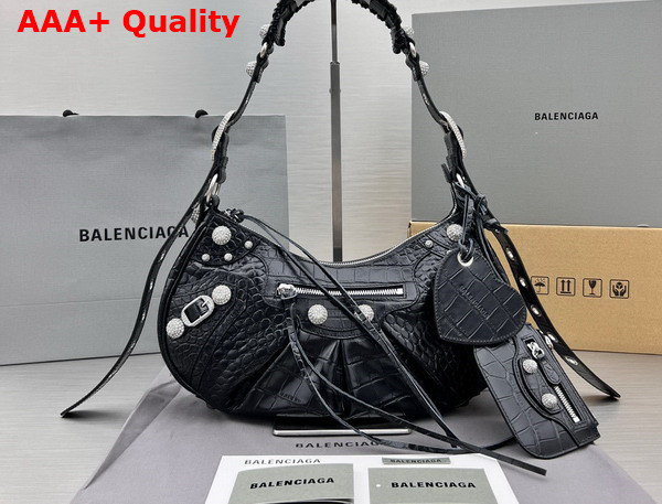 Balenciaga Le Cagole Small Shoulder Bag Black Crocodile Embossed with Rhinestones Replica