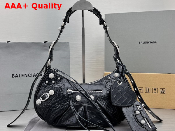 Balenciaga Le Cagole Small Shoulder Bag Black Crocodile Embossed with Rhinestones Replica