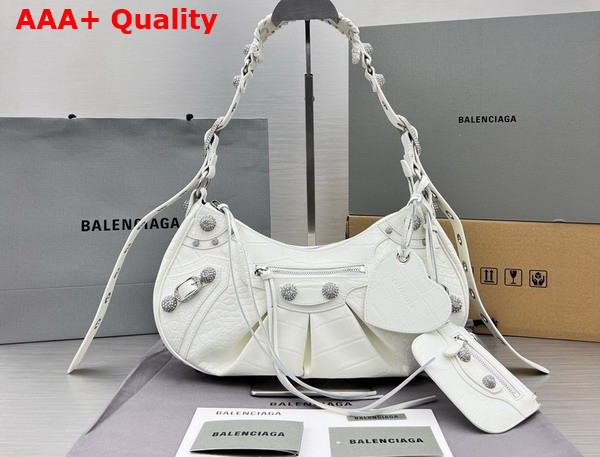 Balenciaga Le Cagole Small Shoulder Bag White Crocodile Embossed with Rhinestones Replica