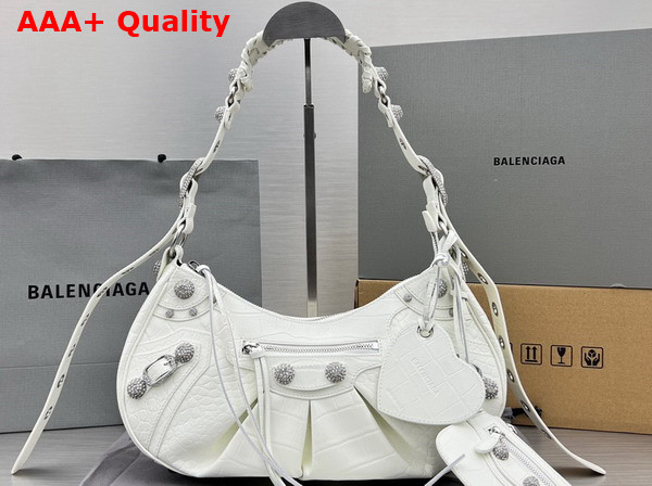 Balenciaga Le Cagole Small Shoulder Bag White Crocodile Embossed with Rhinestones Replica