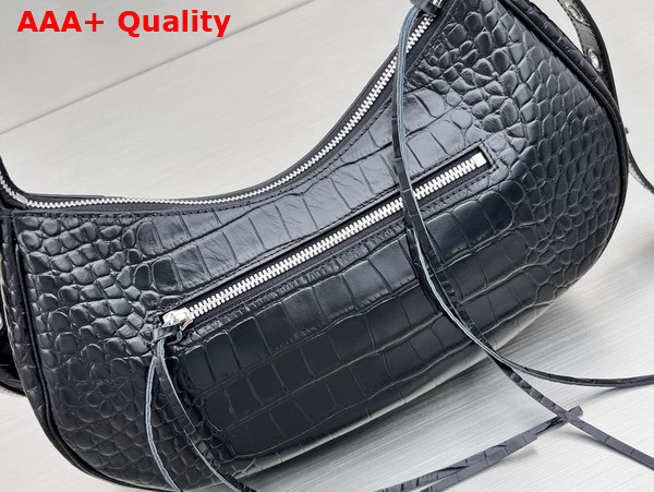 Balenciaga Le Cagole Small Shoulder Bag in Black Crocodile Embossed Calfskin Aged Silver Hardware with White Rhinestones Replica