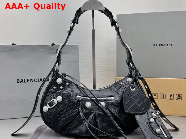 Balenciaga Le Cagole Small Shoulder Bag in Black Crocodile Embossed Calfskin Aged Silver Hardware with White Rhinestones Replica