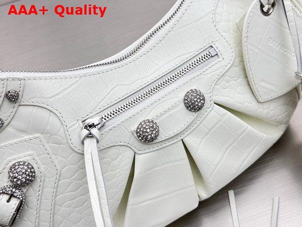 Balenciaga Le Cagole Small Shoulder Bag in White Crocodile Embossed Calfskin Aged Silver Hardware with White Rhinestones Replica