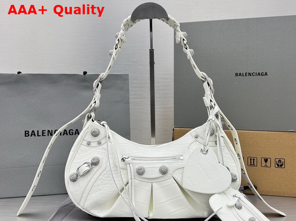 Balenciaga Le Cagole Small Shoulder Bag in White Crocodile Embossed Calfskin Aged Silver Hardware with White Rhinestones Replica