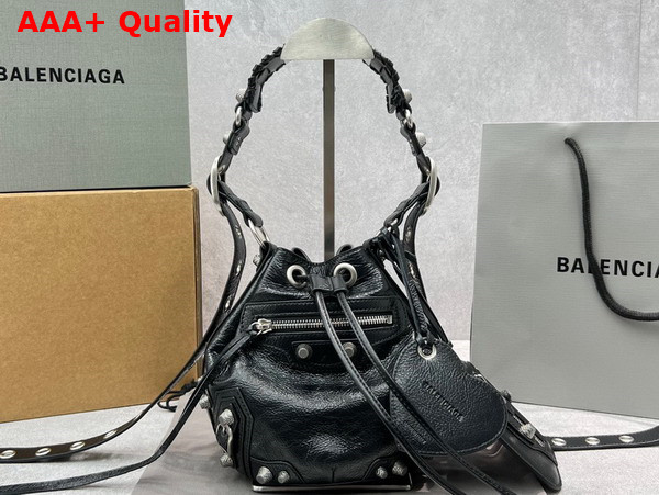 Balenciaga Le Cagole XS Bucket Bag in Black Arena Lambskin Aged Silver Hardware Replica