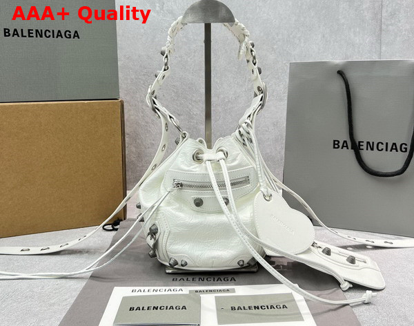 Balenciaga Le Cagole XS Bucket Bag in White Arena Lambskin Aged Silver Hardware Replica