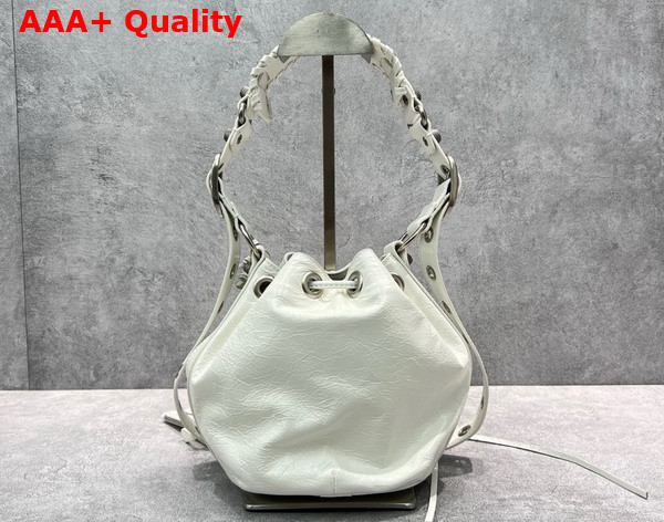 Balenciaga Le Cagole XS Bucket Bag in White Arena Lambskin Aged Silver Hardware Replica