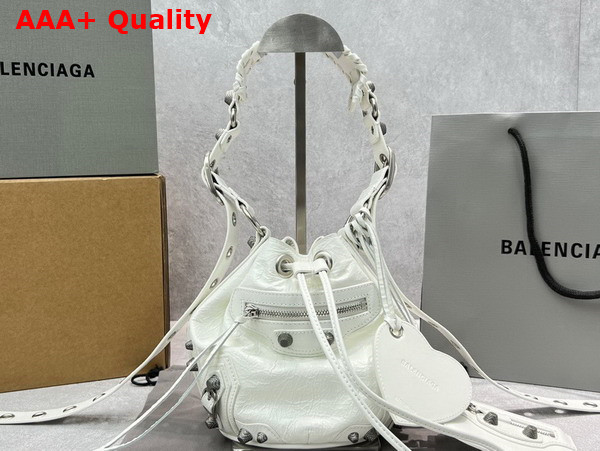 Balenciaga Le Cagole XS Bucket Bag in White Arena Lambskin Aged Silver Hardware Replica