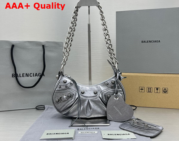 Balenciaga Le Cagole XS Shoulder Bag With Chain in Silver Metallized Arena Lambskin Aged Silver Hardware Replica