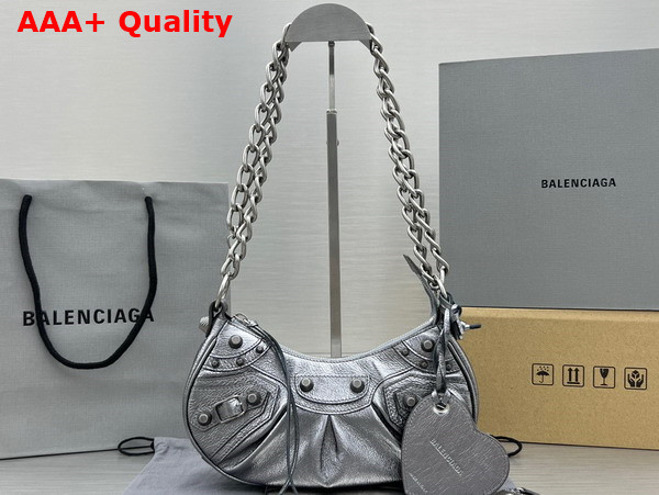 Balenciaga Le Cagole XS Shoulder Bag With Chain in Silver Metallized Arena Lambskin Aged Silver Hardware Replica