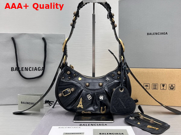 Balenciaga Le Cagole XS Shoulder Bag in Black Arena Lambskin with Pins Aged Gold Hardware Replica