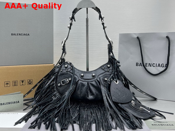 Balenciaga Le Cagole XS Shoulder Bag in Black Arene Lambskin with Fringes Replica