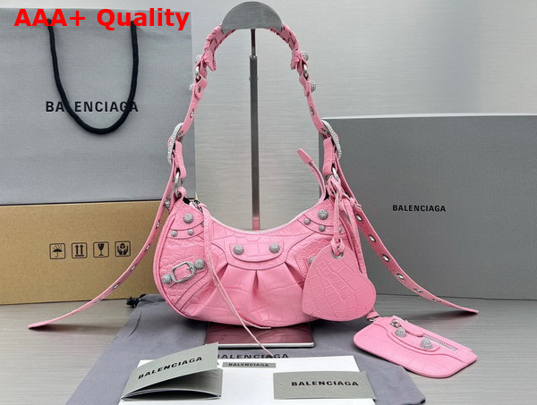 Balenciaga Le Cagole XS Shoulder Bag in Pink Crocodile Embossed Calfskin with Rhinestones Replica