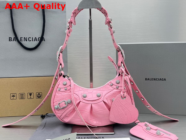 Balenciaga Le Cagole XS Shoulder Bag in Pink Crocodile Embossed Calfskin with Rhinestones Replica