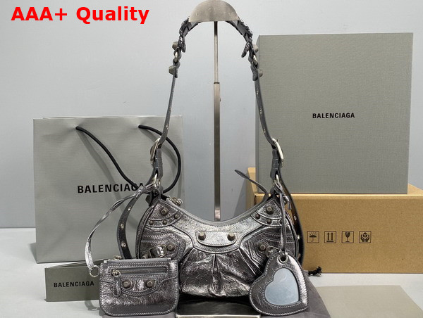 Balenciaga Le Cagole XS Shoulder Bag in Silver Metallized Arena Lambskin Replica