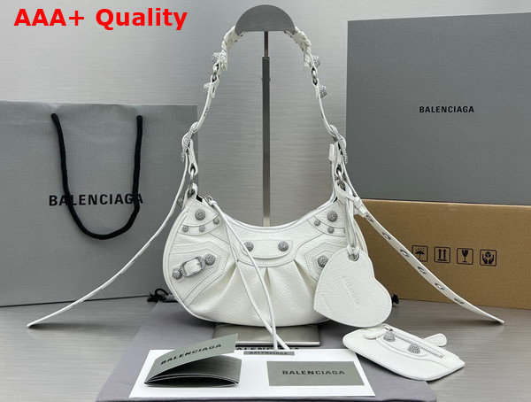 Balenciaga Le Cagole XS Shoulder Bag in White Arena Lambskin Aged Silver Hardware with Rhinestones Replica