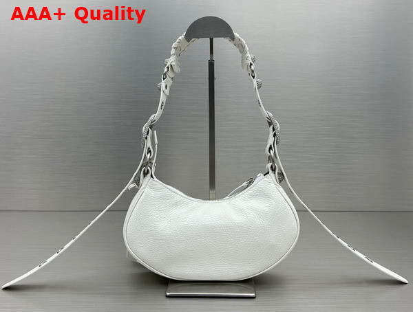 Balenciaga Le Cagole XS Shoulder Bag in White Arena Lambskin Aged Silver Hardware with Rhinestones Replica