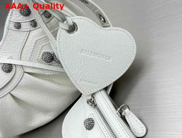 Balenciaga Le Cagole XS Shoulder Bag in White Arena Lambskin Aged Silver Hardware with Rhinestones Replica