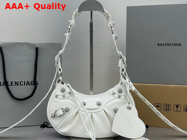 Balenciaga Le Cagole XS Shoulder Bag in White Arena Lambskin Aged Silver Hardware with Rhinestones Replica