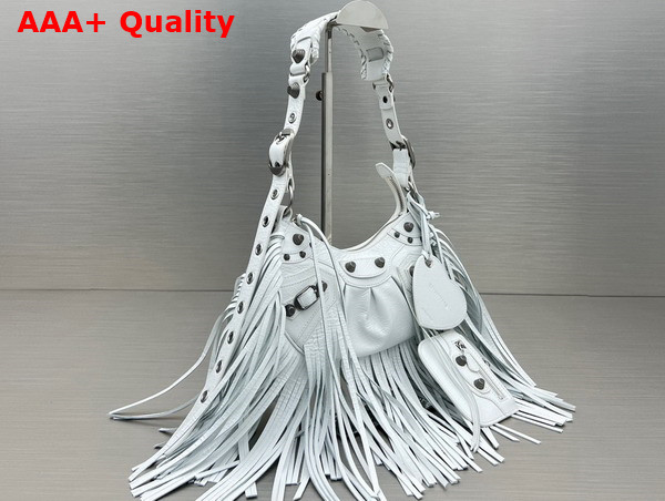 Balenciaga Le Cagole XS Shoulder Bag in White Arene Lambskin with Fringes Replica