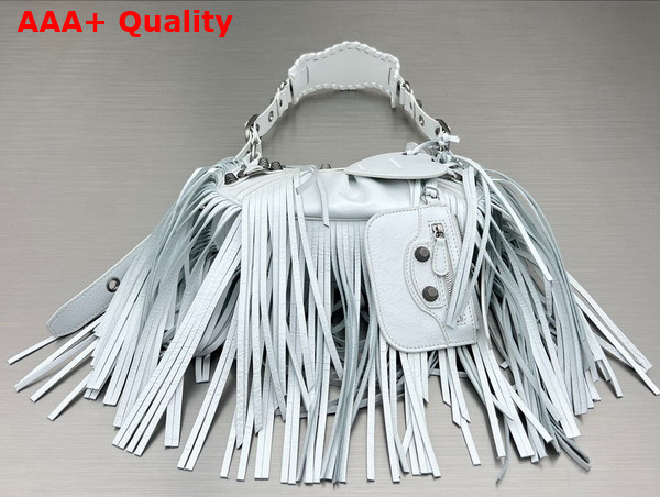 Balenciaga Le Cagole XS Shoulder Bag in White Arene Lambskin with Fringes Replica