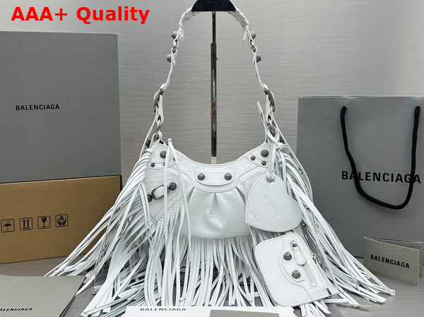 Balenciaga Le Cagole XS Shoulder Bag in White Arene Lambskin with Fringes Replica