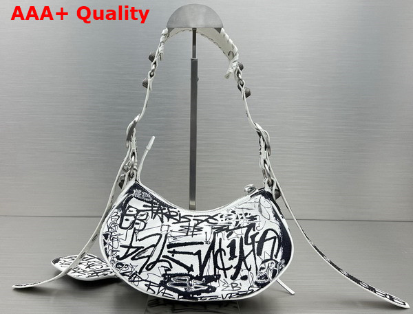 Balenciaga Le Cagole XS Shoulder Bag in White and Black Graffiti Printed Arena Lambskin Aged Silver Hardware Replica