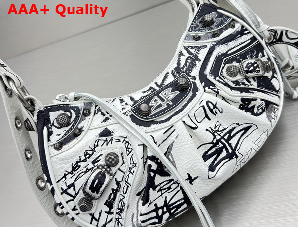 Balenciaga Le Cagole XS Shoulder Bag in White and Black Graffiti Printed Arena Lambskin Aged Silver Hardware Replica