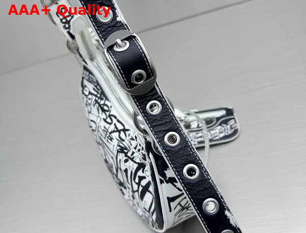 Balenciaga Le Cagole XS Shoulder Bag in White and Black Graffiti Printed Arena Lambskin Aged Silver Hardware Replica