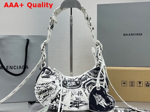 Balenciaga Le Cagole XS Shoulder Bag in White and Black Graffiti Printed Arena Lambskin Aged Silver Hardware Replica