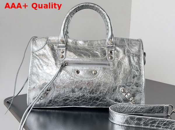 Balenciaga Le City Small Bag in Silver Metallized Arena Lambskin Replica