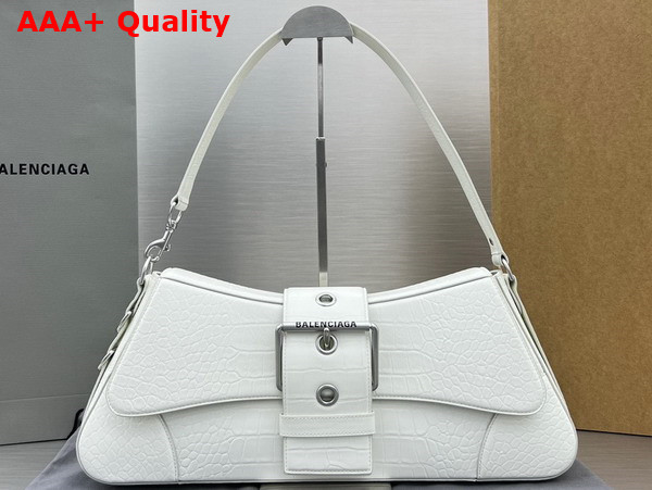 Balenciaga Lindsay Large Shoulder Bag in White Supple Crocodile Embossed Calfskin with Aged Silver Hardware Replica