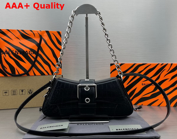 Balenciaga Lindsay Small Shoulder Bag With Strap in Black Matte Supple Crocodile Embossed Calfskin Aged Silver Hardware Replica