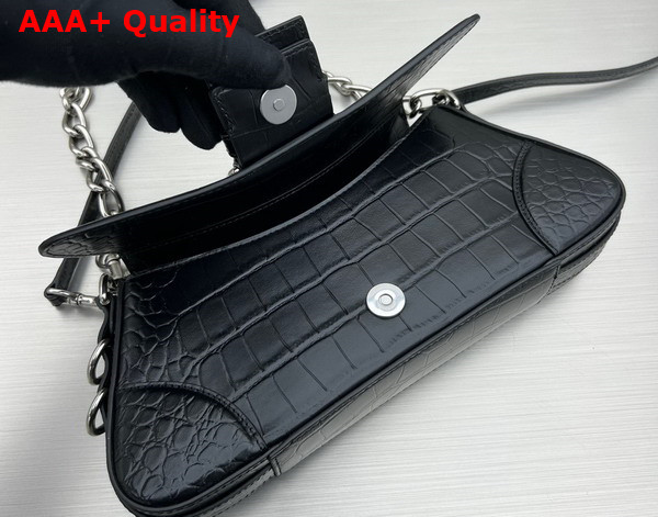 Balenciaga Lindsay Small Shoulder Bag With Strap in Black Matte Supple Crocodile Embossed Calfskin Aged Silver Hardware Replica