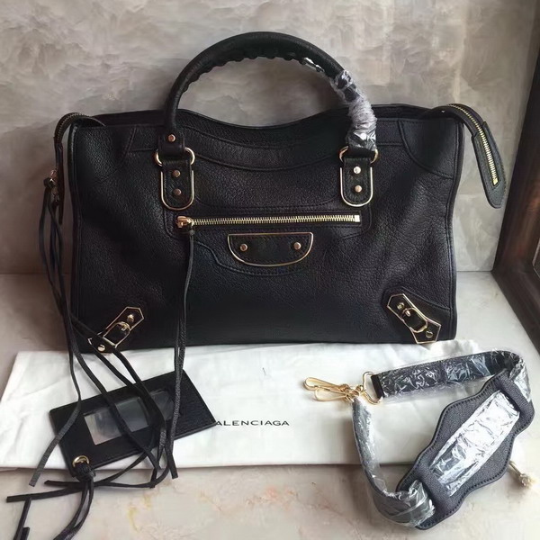 Balenciaga Metallic Edge City Bag in Black Shiny Grained Goatskin with Gold Metal For Sale