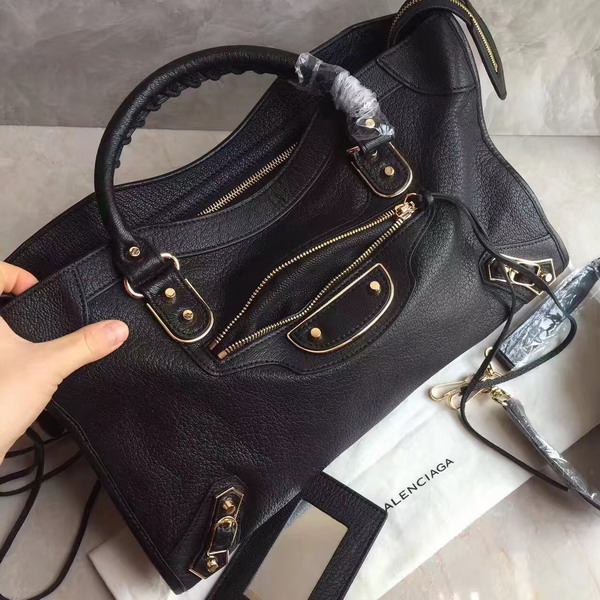 Balenciaga Metallic Edge City Bag in Black Shiny Grained Goatskin with Gold Metal For Sale