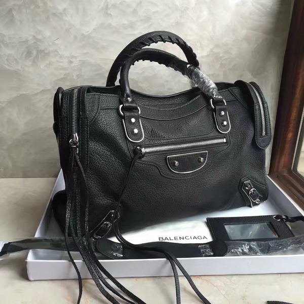 Balenciaga Metallic Edge City Bag in Black Shiny Grained Goatskin with Silver Metal For Sale