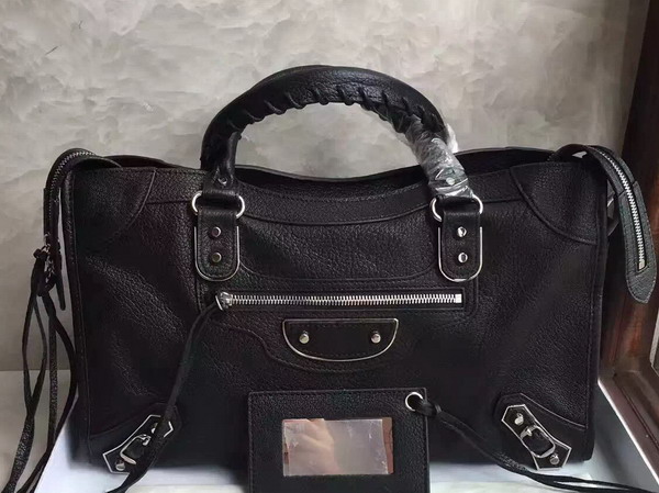 Balenciaga Metallic Edge City Bag in Black Shiny Grained Goatskin with Silver Metal For Sale